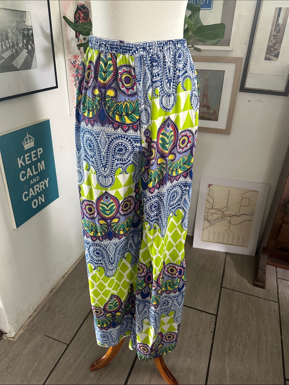 Pink Owl Women Wide Leg Pants Blue Lime Floral Print Small NWT